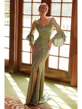 Clearance Sage Elegant Mother of Bride Dress Appliqué Slit Evening Gown MD129